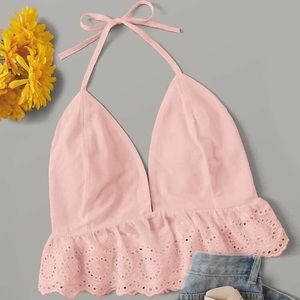 🌻 Baby Pink Boho Backless Schiffy Halter Crop Top